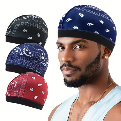 3pcs Paisley Elastic Round Hat Set, Faux Pirate Cap, Hair Loss Wig Headband for Hip-Hop Singers.Warm,Winter hat,Suitable for cold weather