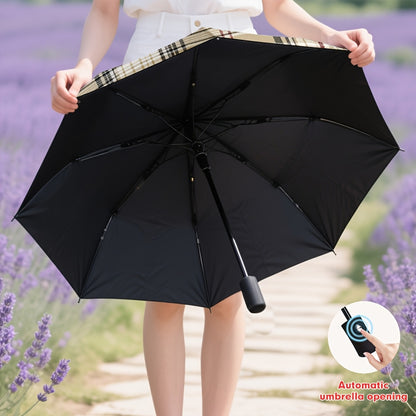 1pc Automatic Open/Close Blocking Umbrella with One-Touch Button, Beige Plaid Checkered Canopy, 10-Rib-like (8-Rib) Frame, Windproof & Portable Compact Travel Umbrella for s, Hiking, Beach, Commuting,  or