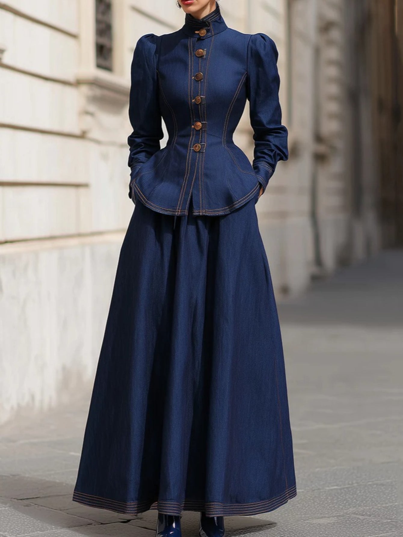 2pcs Set: Navy Blue Waist-Defining Top + Full-Skirted Long Dress | Women'S Retro-Chic, Elegant Pieces Perfect for Casual Dates, Urban Strolls, Exploring Artsy Spots, And Spring/Fall Outfits