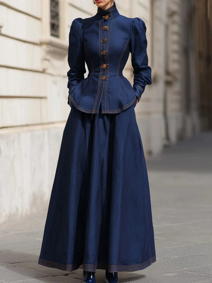 2pcs Set: Navy Blue Waist-Defining Top + Full-Skirted Long Dress | Women'S Retro-Chic, Elegant Pieces Perfect for Casual Dates, Urban Strolls, Exploring Artsy Spots, And Spring/Fall Outfits