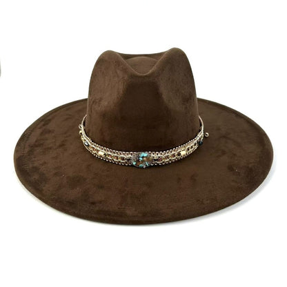 1pc Bohemian-Style Wide-Brimmed Women'S Felt Hat - with a Turquoise Bead Chain Decorative Band - Suitable for Holiday Dress-Up, Cowboy-Inspired Looks, Daily Casual Wear, And As a Photography Prop for Bohemian Home Decor, Fest