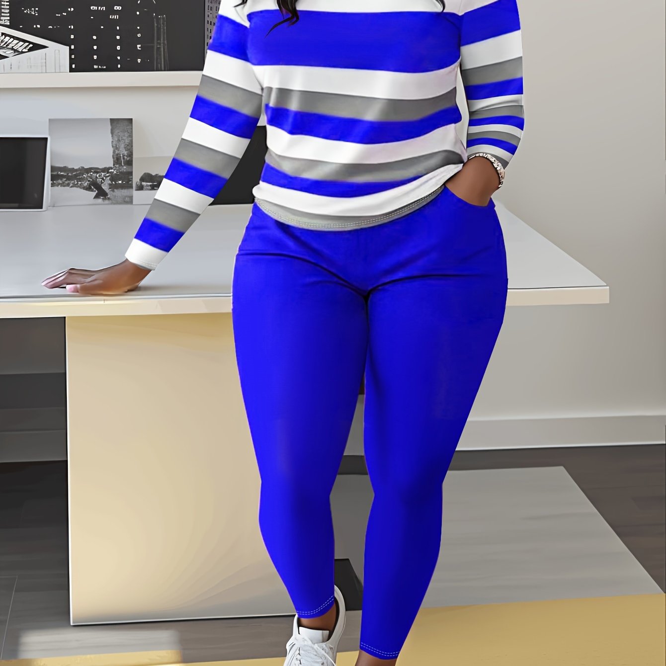 Unique Women's Striped Casual Set- Green And White, Long Sleeve Round Neck Top And Pants with Pockets, Weight Polyester Blend, Machine Washable, Comfortable Clothing| Pants| Polyester Blend