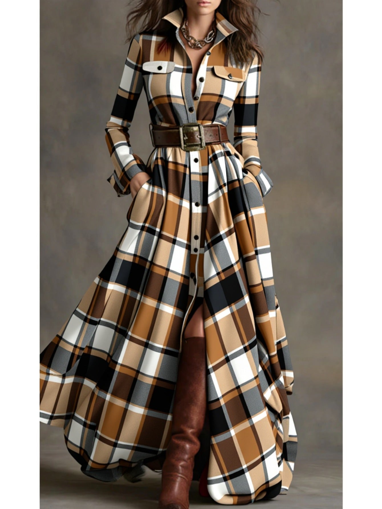 Women'S Brown, White, Black & Gray Plaid Waist-Cinched Maxi Dress | Retro Modern Style, Suitable for Daily Streetwear, Luxury Social Events, and Casual Occasions