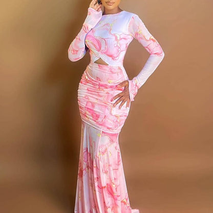 ARTPAGE Style New Sweet Printed Women'S Clothing Splicing Slim Pleated Hip Skirt High Collar Long Sleeve Dress Trend