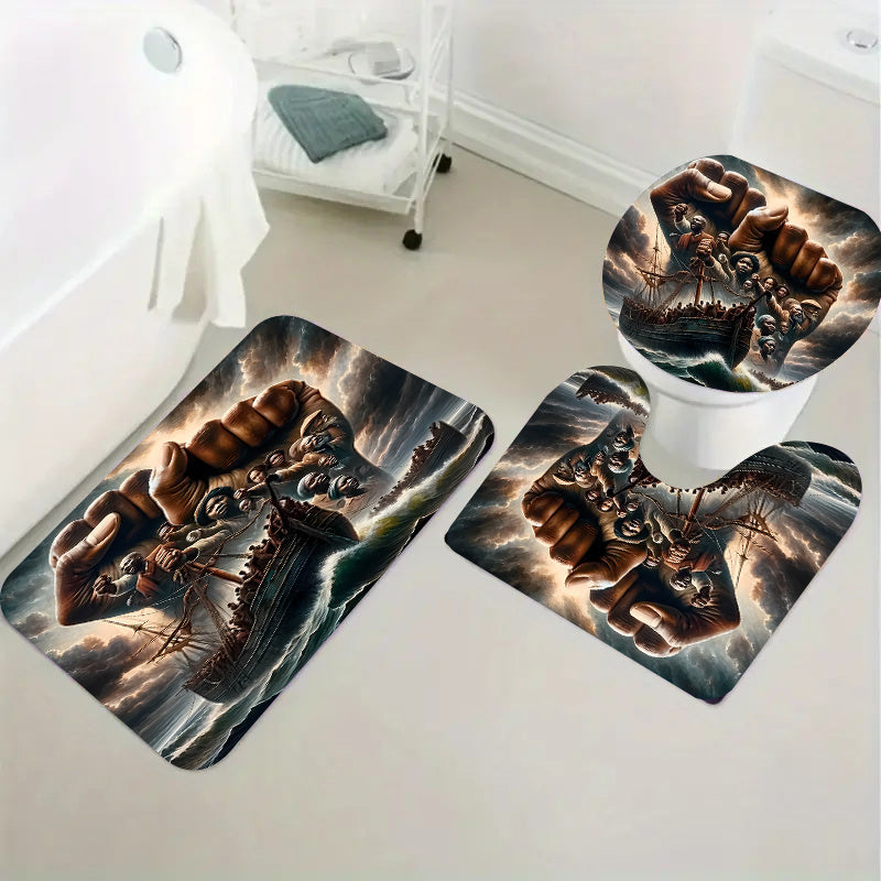 1pc/4pcs Winning ship pattern, Apartment bathroom, Shower Room shower curtain, hotel shower curtain set, with 12 hooks, bathroom mat, toilet seat mat and U-shaped mat, bathroom accessories, shower curtain set