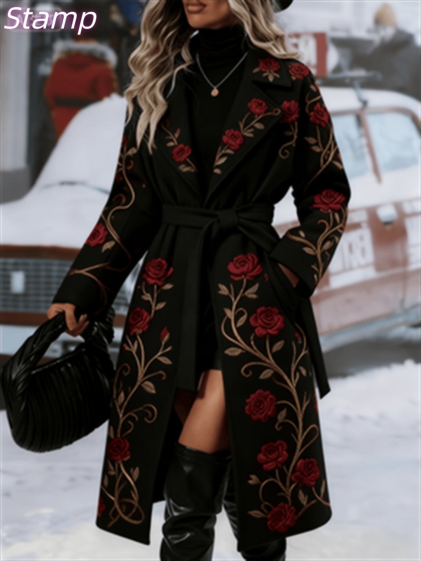 Fashionable And Elegant - Winter New Arrival - Women's Long Trench Coat - Warm And Simple - Double-Breasted Buttons With Belt - Featuring Floral Vine Print