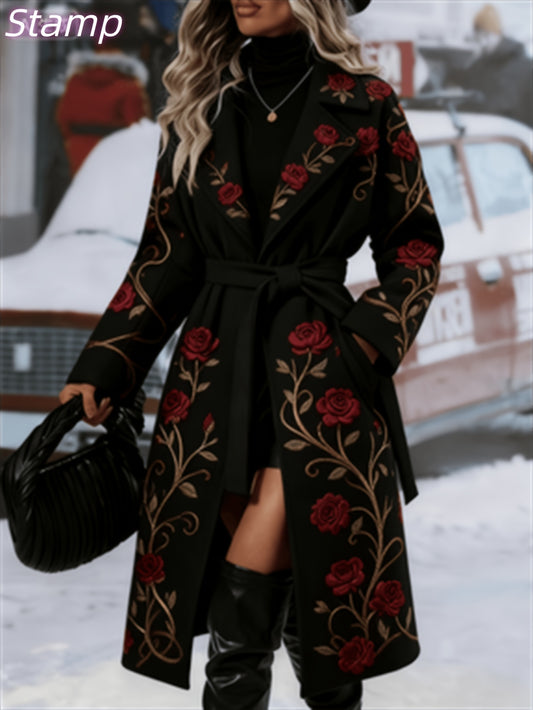 Fashionable And Elegant - Winter New Arrival - Women's Long Trench Coat - Warm And Simple - Double-Breasted Buttons With Belt - Featuring Floral Vine Print