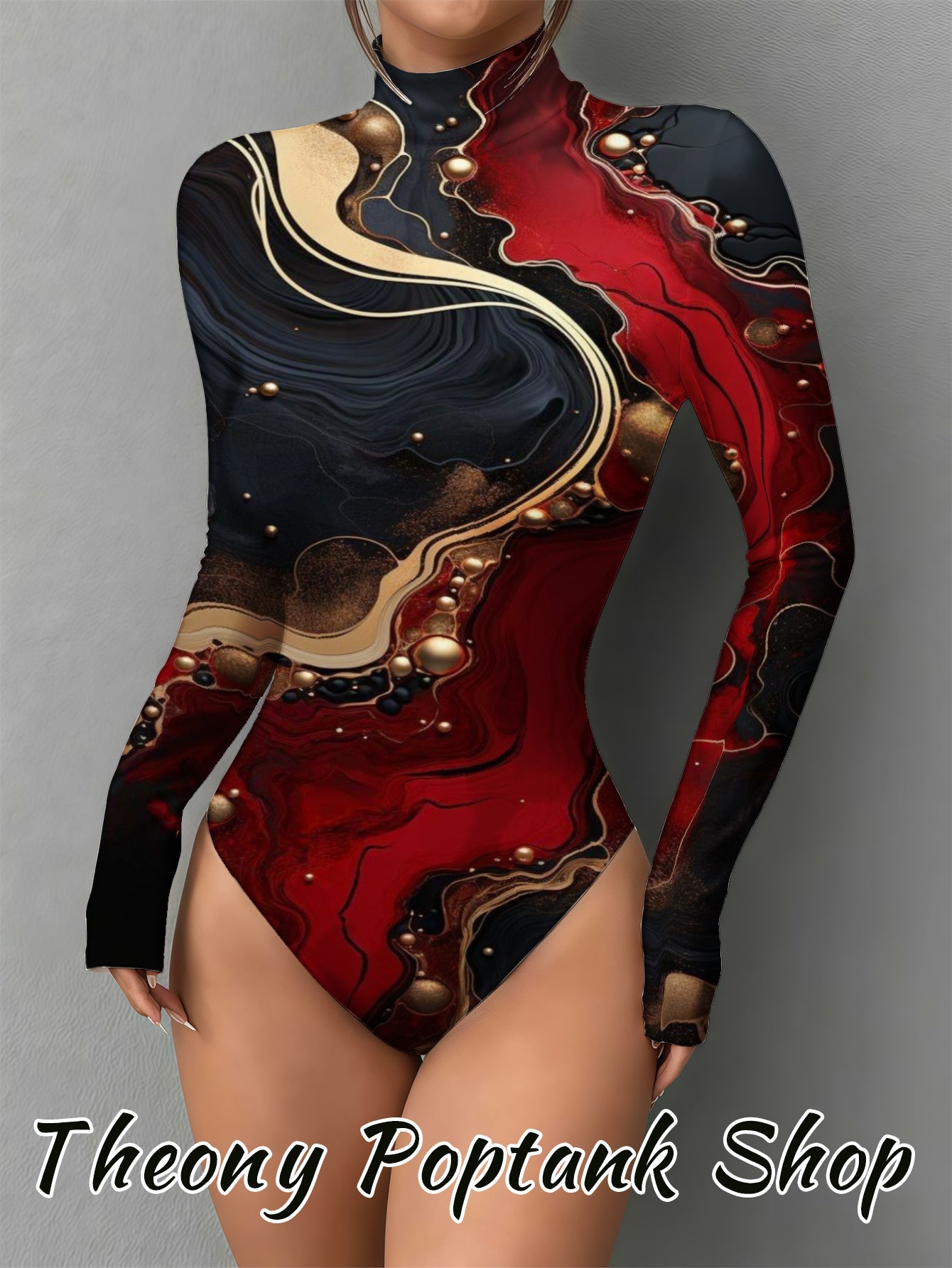 Women's Elegant Marble Red Golden Print Mock Neck Bodysuit - Slim-Fit Long Sleeve Jumpsuit, Red & Golden Marble, Machine Washable, Holiday Wedding Guest Attire, Ultra-Casual Wear - Exclusively Designed for Women