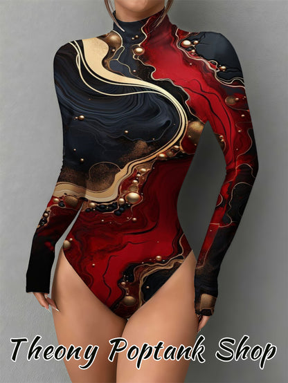 Women's Elegant Marble Red Golden Print Mock Neck Bodysuit - Slim-Fit Long Sleeve Jumpsuit, Red & Golden Marble, Machine Washable, Holiday Wedding Guest Attire, Ultra-Casual Wear - Exclusively Designed for Women