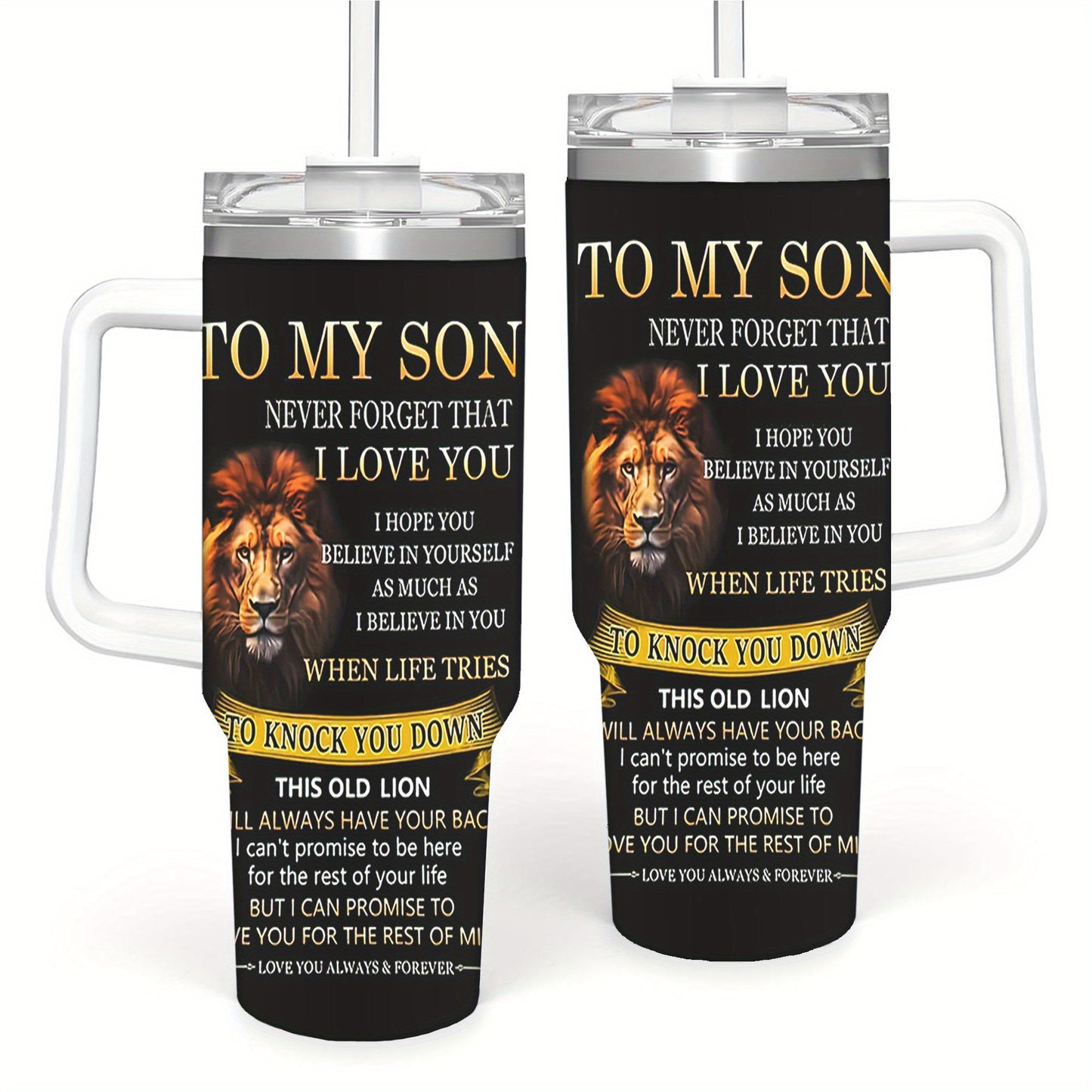 40oz Insulated Travel Mug with Straw & Lid - "to My Son: Never Forget I Love You" Inspirational Lion Design Water Bottle - Leak-Proof Coffee Cup for Easter, Mother's Day, Father's Day Gifts - Durable 40oz Tumbler for Birthday