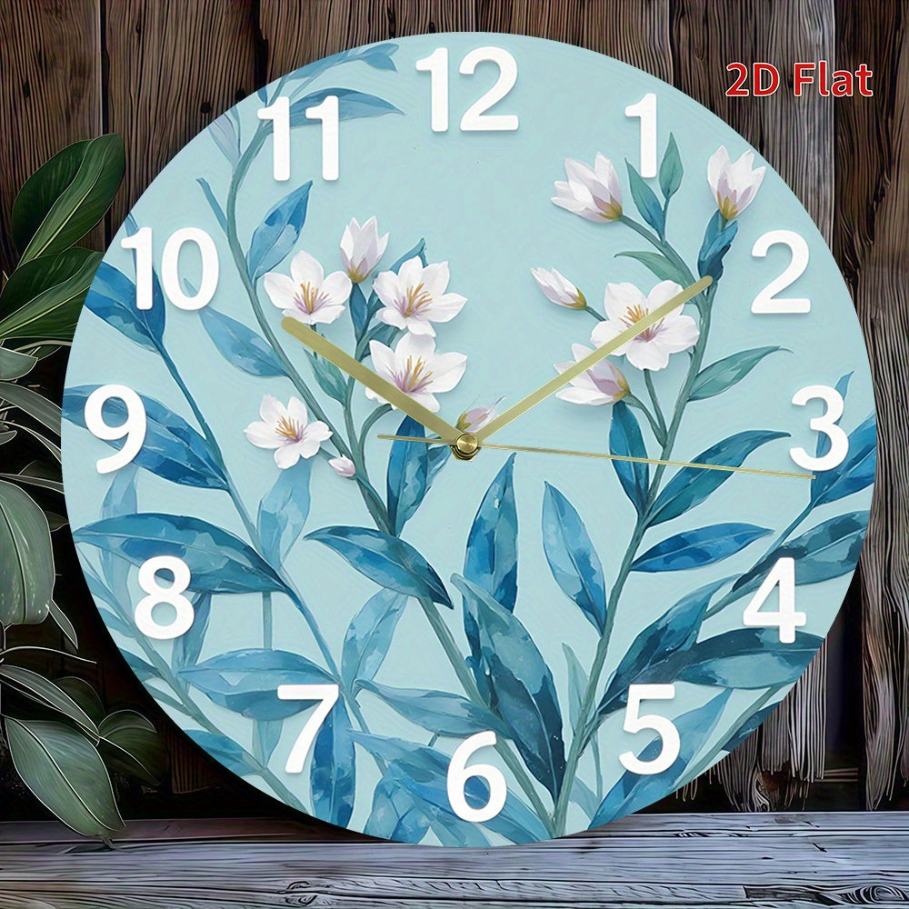 Modern Large Face Wall Clock with Pastel Green-Blue Leaf & Golden Hands - Large Black Numerals, Round Silent Non-Ticking Battery-Powered (No AA Batteries Included) - Large White Face for Living Room, Bedroom,,, 2D Flat