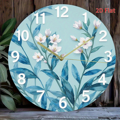 Modern Large Face Wall Clock with Pastel Green-Blue Leaf & Golden Hands - Large Black Numerals, Round Silent Non-Ticking Battery-Powered (No AA Batteries Included) - Large White Face for Living Room, Bedroom,,, 2D Flat