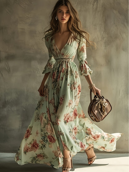Bohemian Floral V-Neck Maxi Dress - Lightweight Chiffon Sundress Featuring a Stylish High Slit, Perfect for Festivals Or Beach Cover-Ups, with a Flowing Hem Ideal for Music Festivals And Holidays