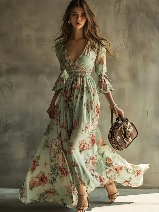 Bohemian Floral V-Neck Maxi Dress - Lightweight Chiffon Sundress Featuring a Stylish High Slit, Perfect for Festivals Or Beach Cover-Ups, with a Flowing Hem Ideal for Music Festivals And Holidays