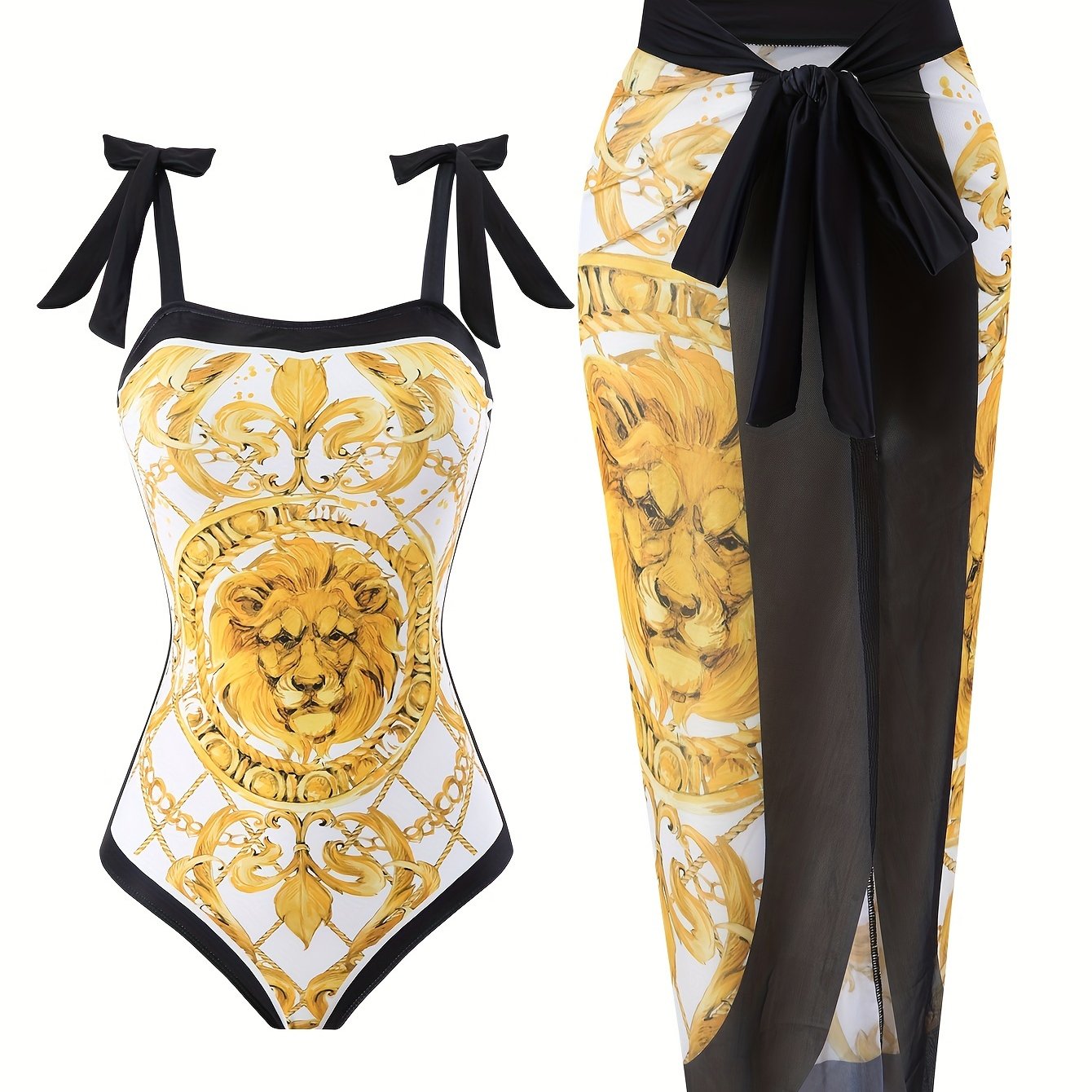 Women'S Golden Lion-Themed Swimsuit Set with Lace-Up Detail - Off-Shoulder Top & Flowy Skirt, Stretchy Fabric, All-Season Swimwear, Swimwear Set|Lion Print Design|Stretchy Material