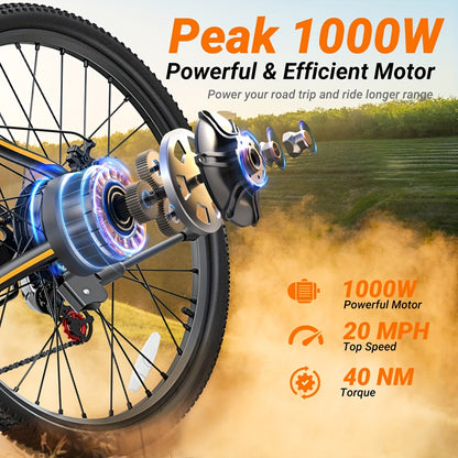 M26 Electric Bike for Adults - 1000W Peak Motor, 40-Mile Range & 20MPH High-Speed, 26" All-Terrain Tire Ebike with Front Suspension, 7-Speed Shimano System, 360Wh Removable Battery, Hydraulic Disc Brakes, Carbon Rims - Heavy-