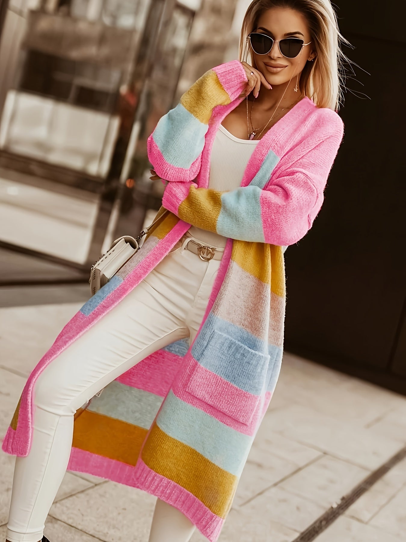 Plus Size, Color Block Pocket Oversized Cardigan