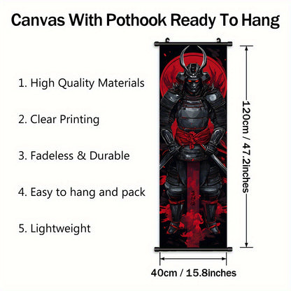 Black and Red 3pcs Set of Japanese Samurai Battle Scroll/Hanging Scrolls, Oriental Classical Style Decorative Art with Armor & Weapon Elements, Symmetrical Composition and Metal Ornament Details, Suitable for Living Room, Tea