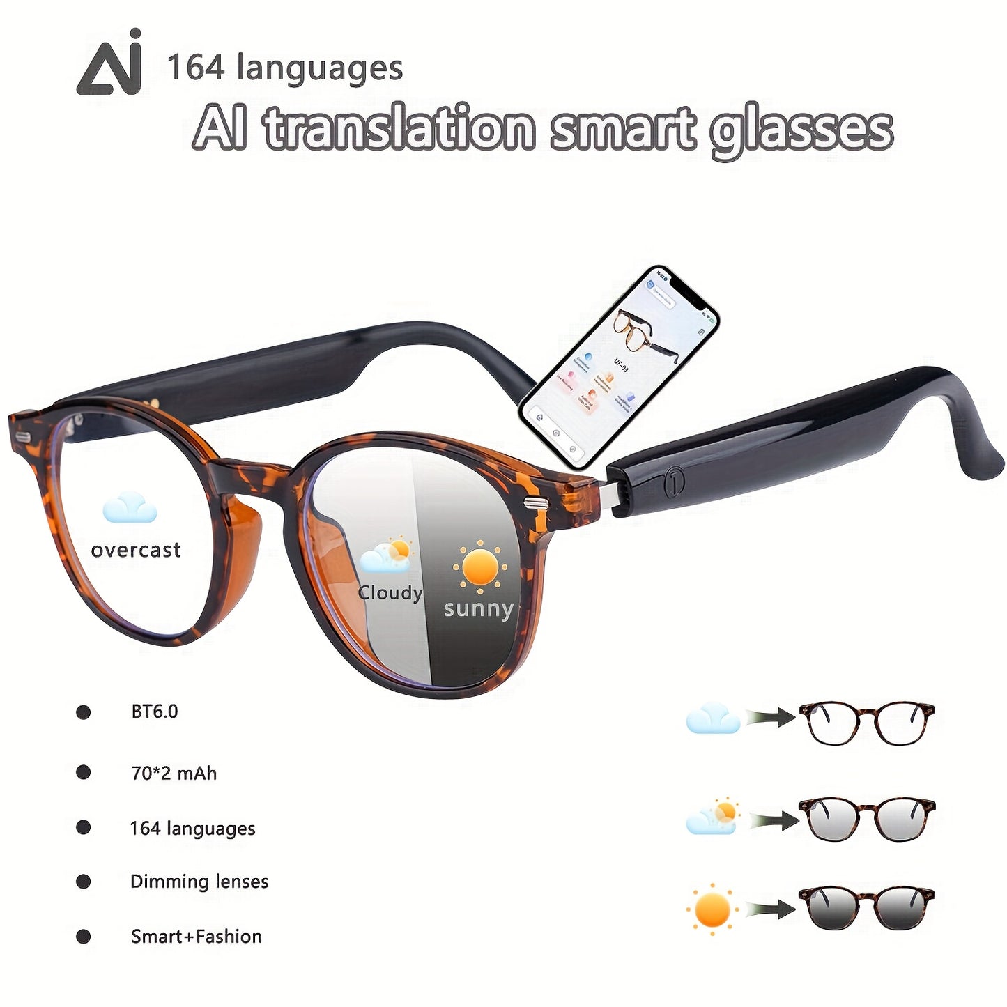 AI Smart Glasses, Smart Glasses with 160 Languages Real Time Translation Support, Chat GPT System, HVESBSFSYNew Multi-functional Audio Glasses for Men And Women, Built-in Microphone And Speaker, HD Voice Calls And HIFI Music