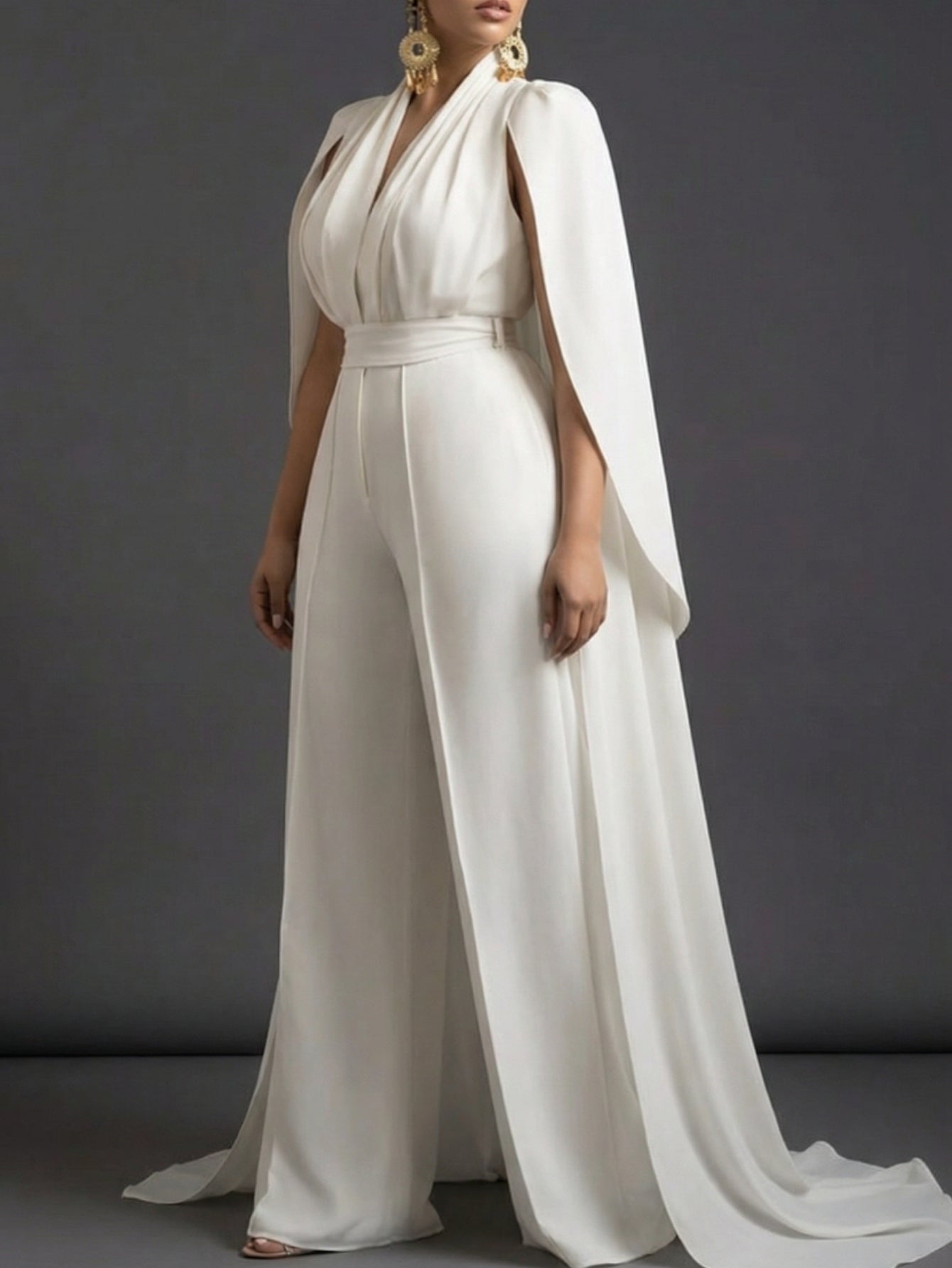 White V-Neck Capelet Waist- Wide-Leg Maxi Jumpsuit | Elegant and Exquisite Style Perfect for Parties, Formal Occasions & Light Social Events