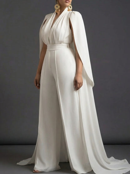 White V-Neck Capelet Waist- Wide-Leg Maxi Jumpsuit | Elegant and Exquisite Style Perfect for Parties, Formal Occasions & Light Social Events