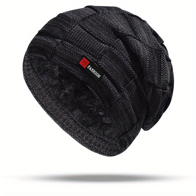 Men's Black Cable-Knit Winter Hat with Ear Flaps & Red Label-Like Patch - Soft Warm Beanie for Cold Weather, Durable Textile Material, Versatile for Sports & Everyday Use - Ideal Gift for Men (Hand Wash/Dry Clean)