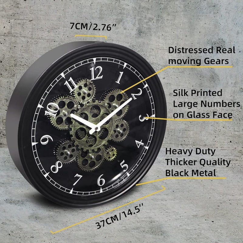 15 Inch Vintage Industrial Steampunk Metal Wall Clock with Moving Gears - Large & Golden Gear Mechanism, No Electricity Needed