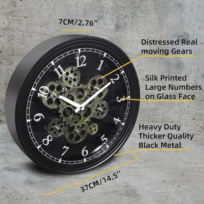 15 Inch Vintage Industrial Steampunk Metal Wall Clock with Moving Gears - Large & Golden Gear Mechanism, No Electricity Needed