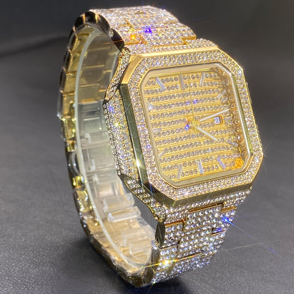MISSFOX Men'S Luxury Rhinestones-Encrusted Golden-Tone Square Watch with Date Calendar, High Quality IP65, Quartz Movement, Sparkling Bezel & -Accented Dial - Elegant Analog Watch for Casual & Formal Wear, Party Accessory, Ba