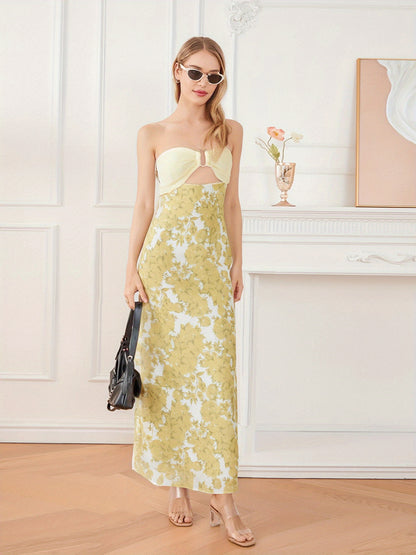 Women's Elegant Strapless/One-Shoulder Hollow Out Floral Print or Solid Pink Tube Bodycon Maxi Dress with Bow Tie Back - Mermaid Silhouette Long Formal Evening Party Wedding Dress, Hand Washable Summer Dress for Women, Stylis
