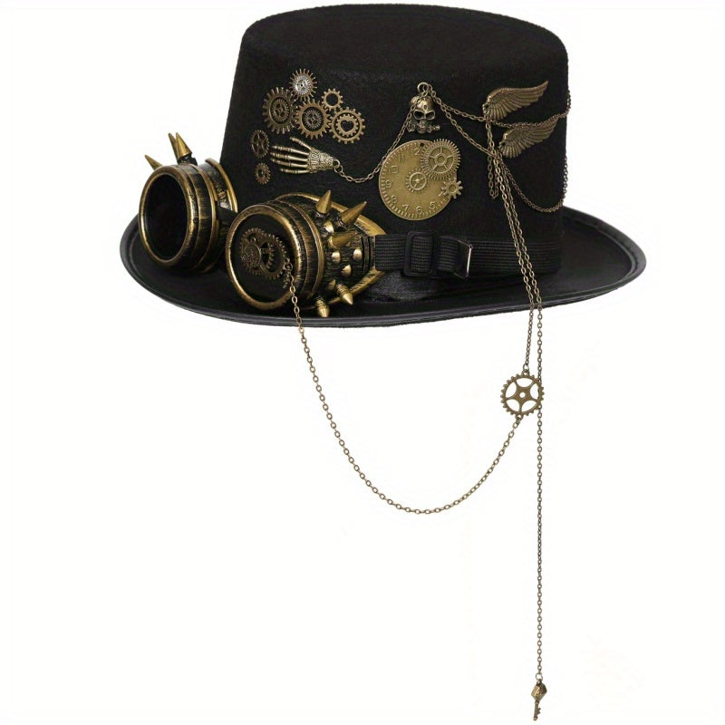 Steampunk Top Hat with Metal Chain and Goggles - Victorian Headdress Costume Accessory for Women - Perfect for Halloween and Cosplay