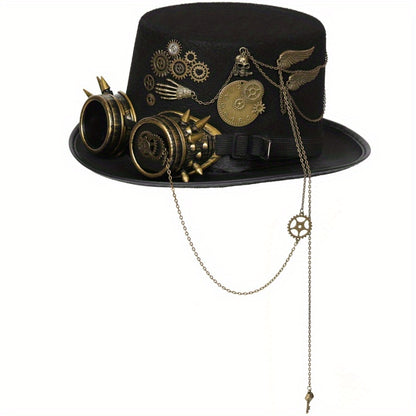 Steampunk Top Hat with Metal Chain and Goggles - Victorian Headdress Costume Accessory for Women - Perfect for Halloween and Cosplay
