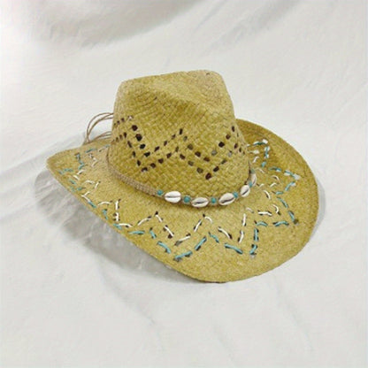 Women Summer Western Cowgirl Hat Bead Belted Wide Brim Straw Beach Cap