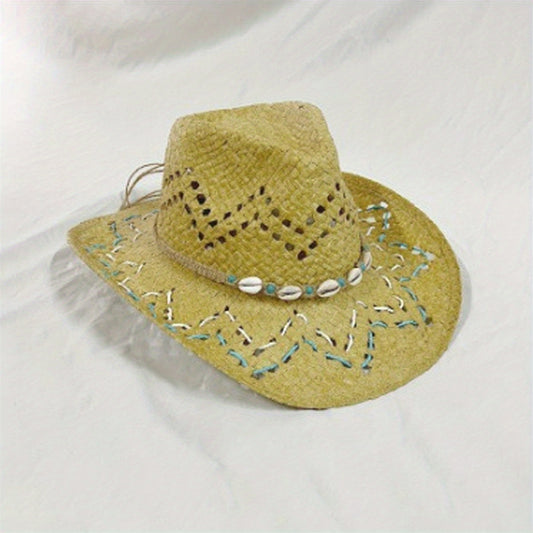 Women Summer Western Cowgirl Hat Bead Belted Wide Brim Straw Beach Cap