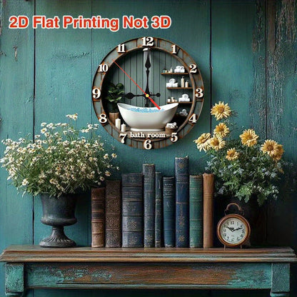 2D flat printing, retro silent wall clock for room decoration, "Relaxing Bath Time: Essential bathroom Supplies", 10 inches, non-luminous, wooden quartz design, suitable for Halloween and Christmas, home/cafe/wall art decorat