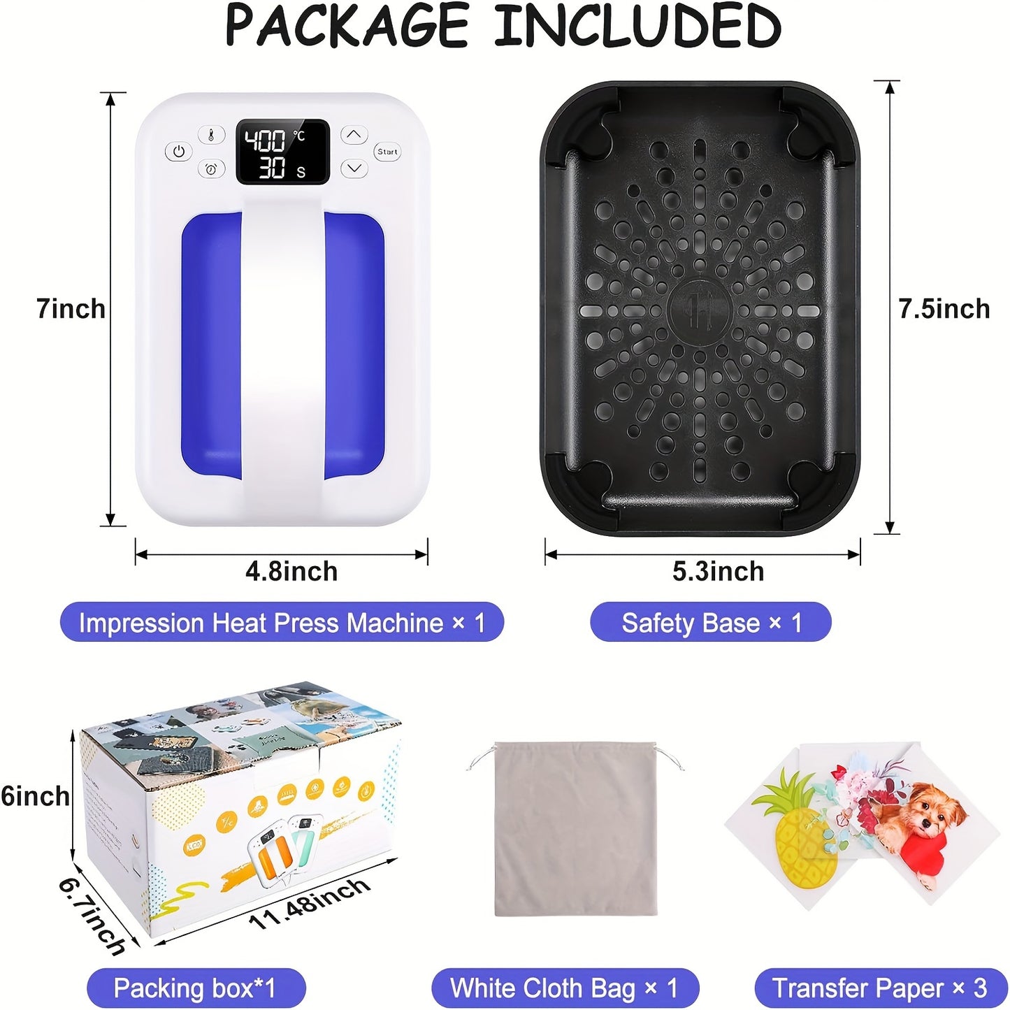 Upgraded 12"x10" / 7"x5" Portable T-Shirt Heat Press Machine, Mini Sublimation Printer with Transfer Paper for HTV Vinyl DIY Christmas Gift - Print on Shirts, Hats, Bags, Pillows, Aprons, Mousepads, Masks, Sneakers & Phone Ca