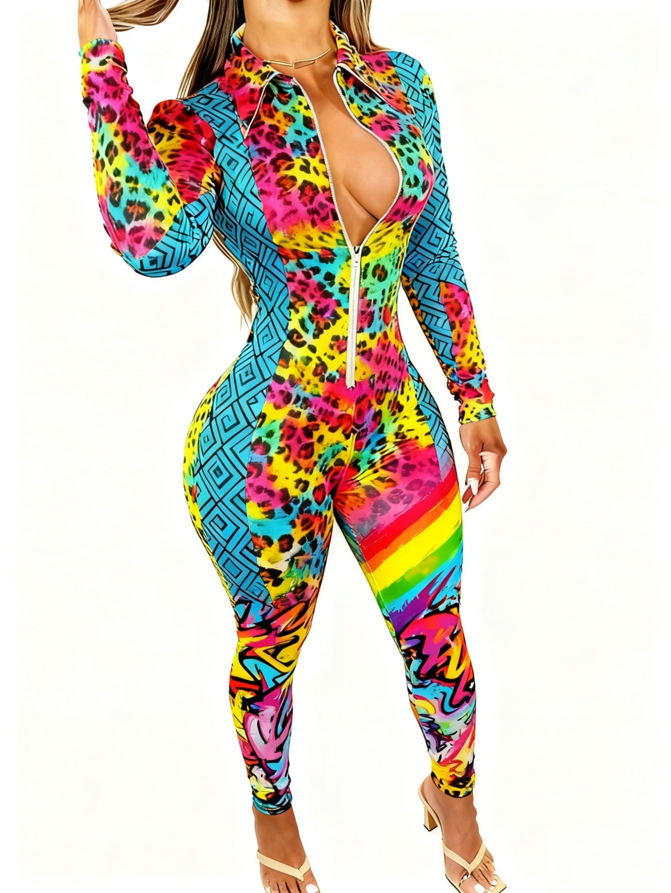 Women'S 4-Season Long Sleeve Jumpsuit | Lightweight Style with Cute Animal Print, Zipper Design, Perfect for Daily Outings & Casual Wear