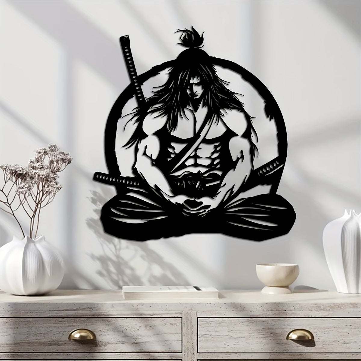 One Samurai metal wall art decoration, 15.74x14.76 inches - detailed sword-wielding warrior design, suitable for home, courtyard, balcony - perfect gift for new homes, weddings, Mother's Day, Father's Day, samurai decoration