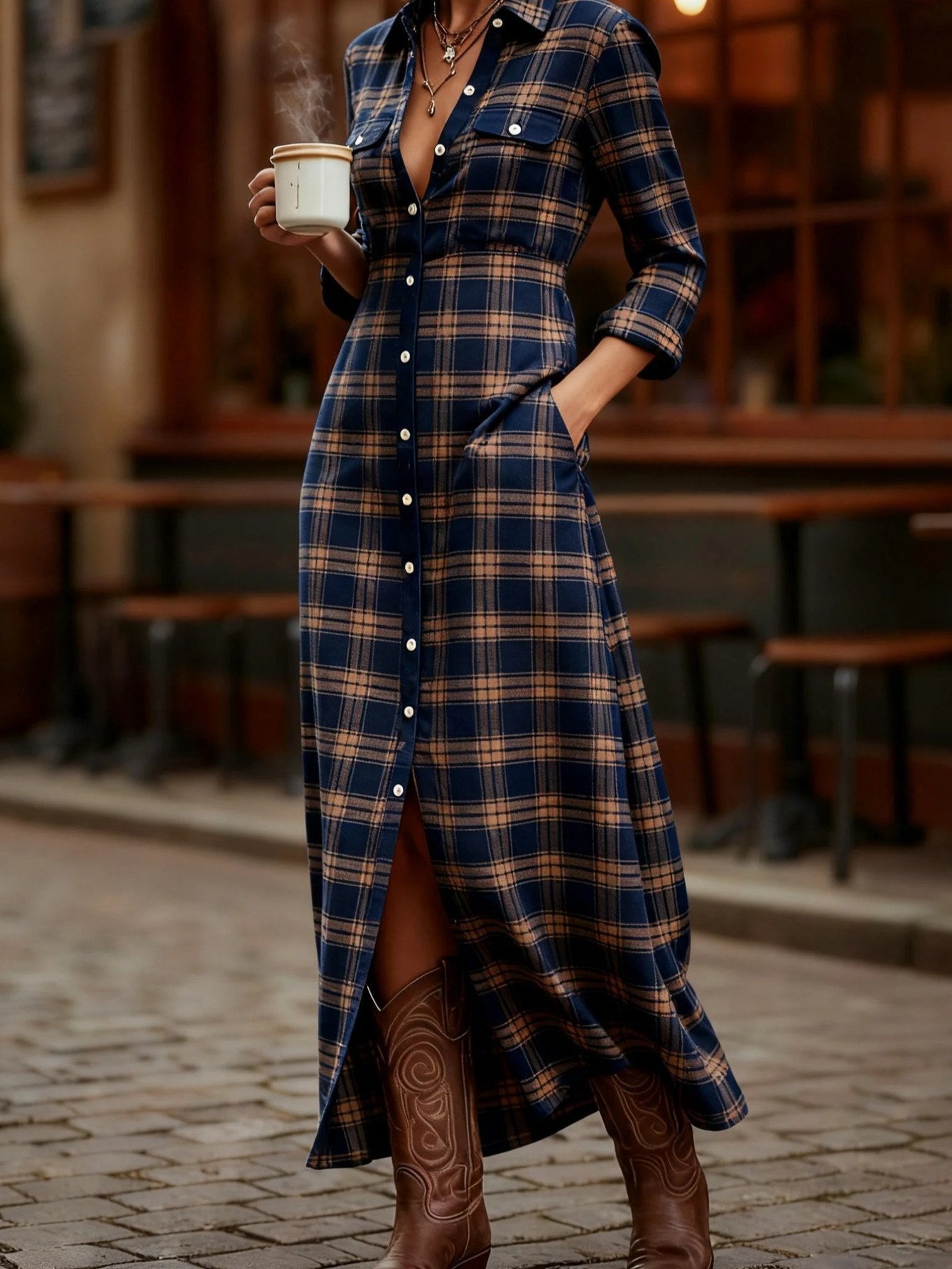 HERTALKA Fashionable Women's Dress with a Retro Checkered Long-sleeved Style