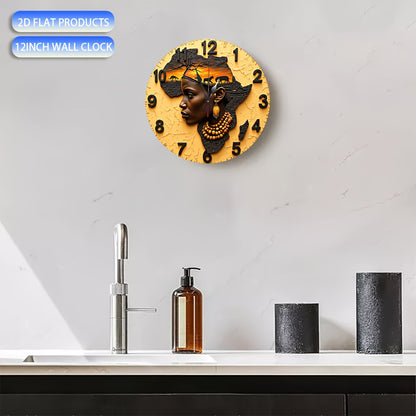 2D plane 10-inch silent quartz wall clock, African design, circular manufacturing, wood simulation display, battery-powered (AA batteries not included), suitable for home decoration, suitable for living room, kitchen, dormito