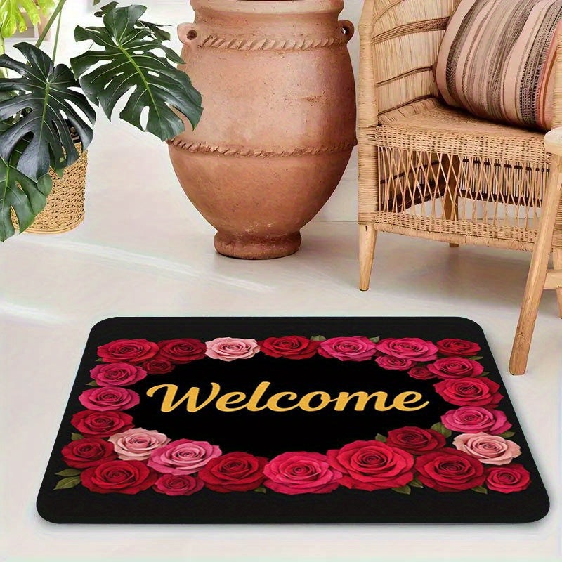 1pc Non-Slip Welcome Doormat - Red Roses & Welcome Golden Lettering on Black Background, High Quality Bathroom Mat, Entryway Mat, Camping Floor Mat - Machine Washable Rubber Backing for Indoor/Outdoor Use - Perfect for Christ