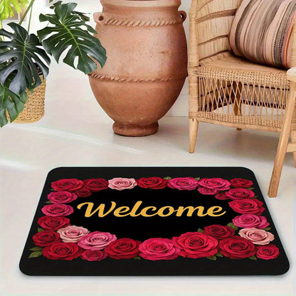 1pc Non-Slip Welcome Doormat - Red Roses & Welcome Golden Lettering on Black Background, High Quality Bathroom Mat, Entryway Mat, Camping Floor Mat - Machine Washable Rubber Backing for Indoor/Outdoor Use - Perfect for Christ