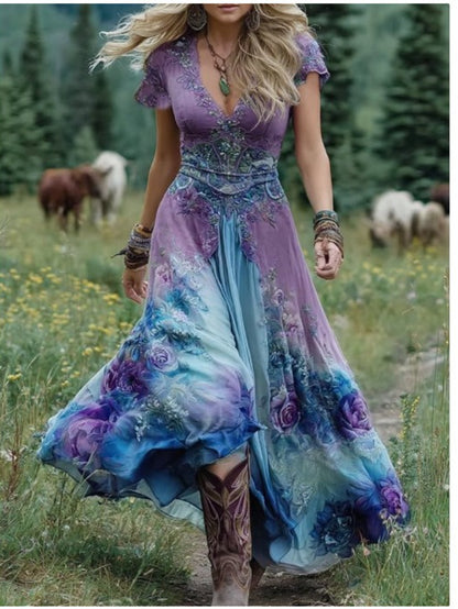 Women's Bohemian A-Line Midi Dress with Pockets - Short Sleeve V-Neck Blue Purple Pink Green Floral print Dress, Lightweight Breathable Fabric Suitable for Spring Summer Fall, Casual to Semi-Formal Occasions