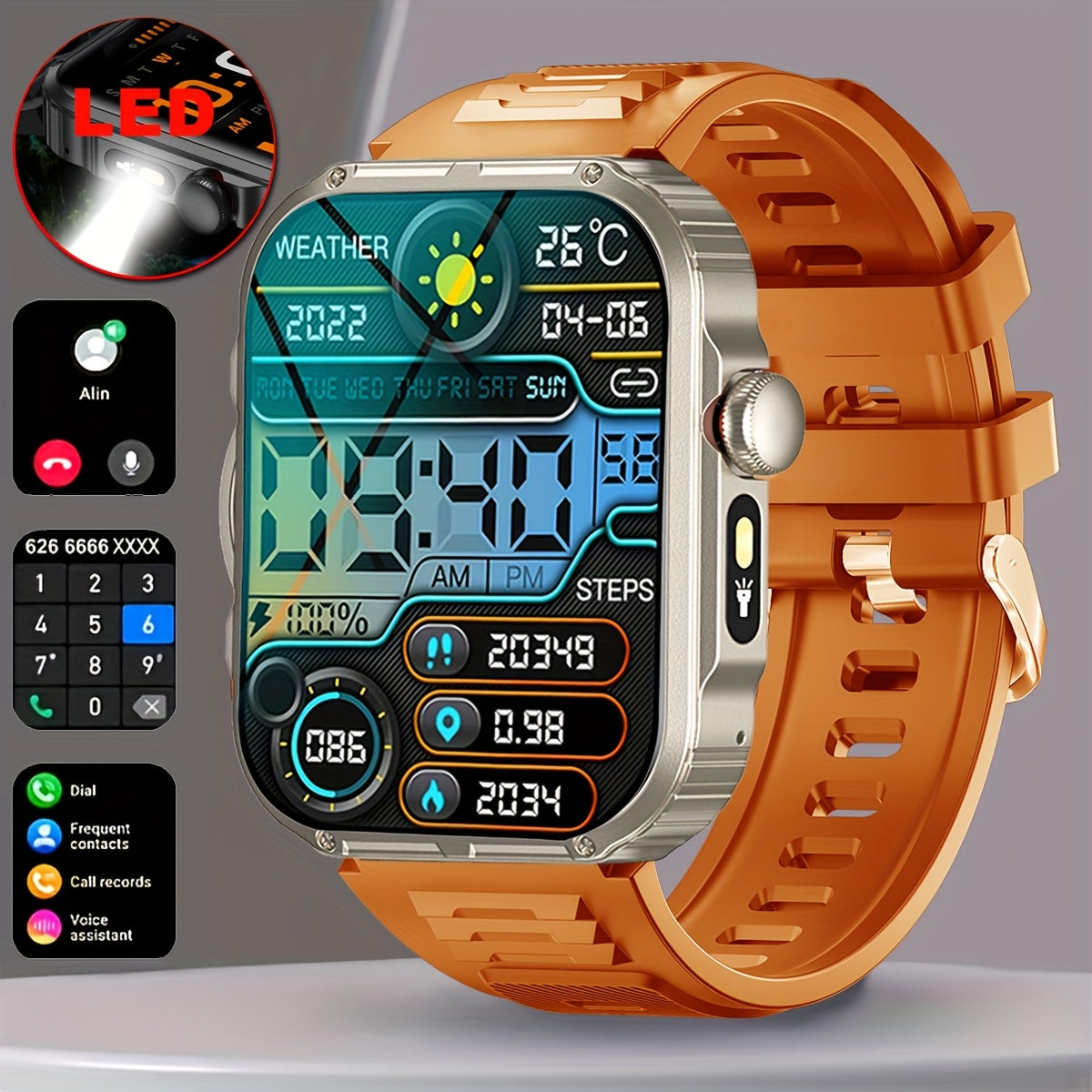 COIUSOR Men'S Smartwatch with LED Flashlight, IPX7, Wireless Calling & SMS Alerts, 2.02" HD Large Screen, Sports Mode, Zinc Alloy, Compatible with for iphone/Android, USB Rechargeable, Sporty Watch Design, Robust Strap Qualit