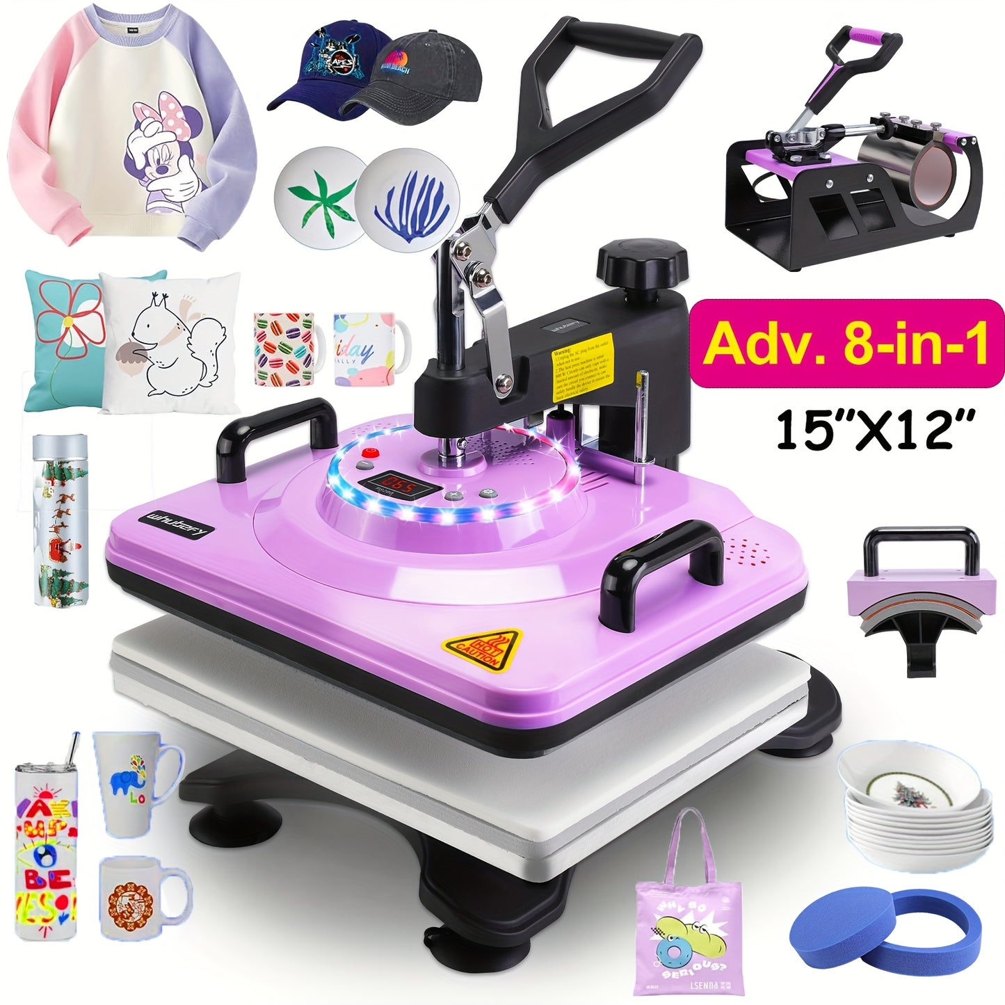 Advanced 8-in-1/ 5-in-1 - 15"x12" Heat Press Machine Set, Multi-Size Transfer Professional Sublimation Combination, With DUAL-TUBE HEATING And LED Lights, Suitable For T-shirts, Bags, Pillows, Hats, Beanies, Roller - Rotatabl