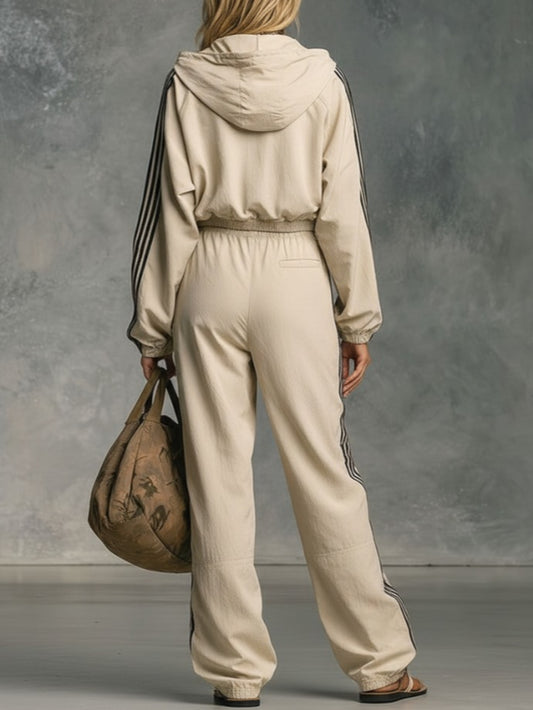 2pcs Set: Beige Striped Decorative Cropped Jacket + Wide-Leg Pants | Women's | Casual chic everyday style, perfect for outings, dates, light commuting, and spring/fall occasions.