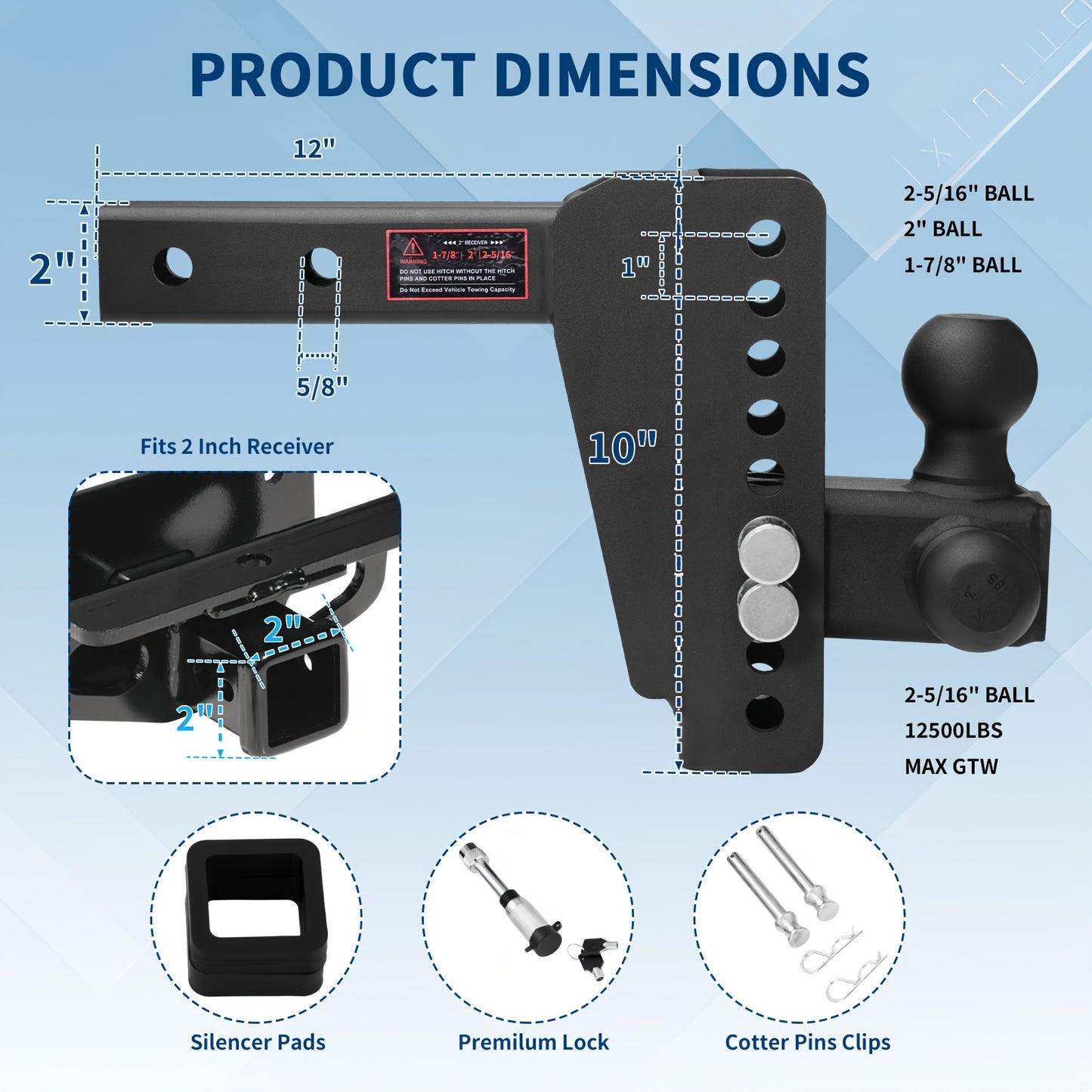 [Durable] Heavy-Duty Adjustable Trailer Hitch with Triple Ball Mount (1-7/8", 2", 2-5/16" Receivers) - Fit, Anti-Theft Locking Pins, Powder-Coated Metal, Ideal for RVs, Boats, and Trailers up to 12, 500 lbs GTW