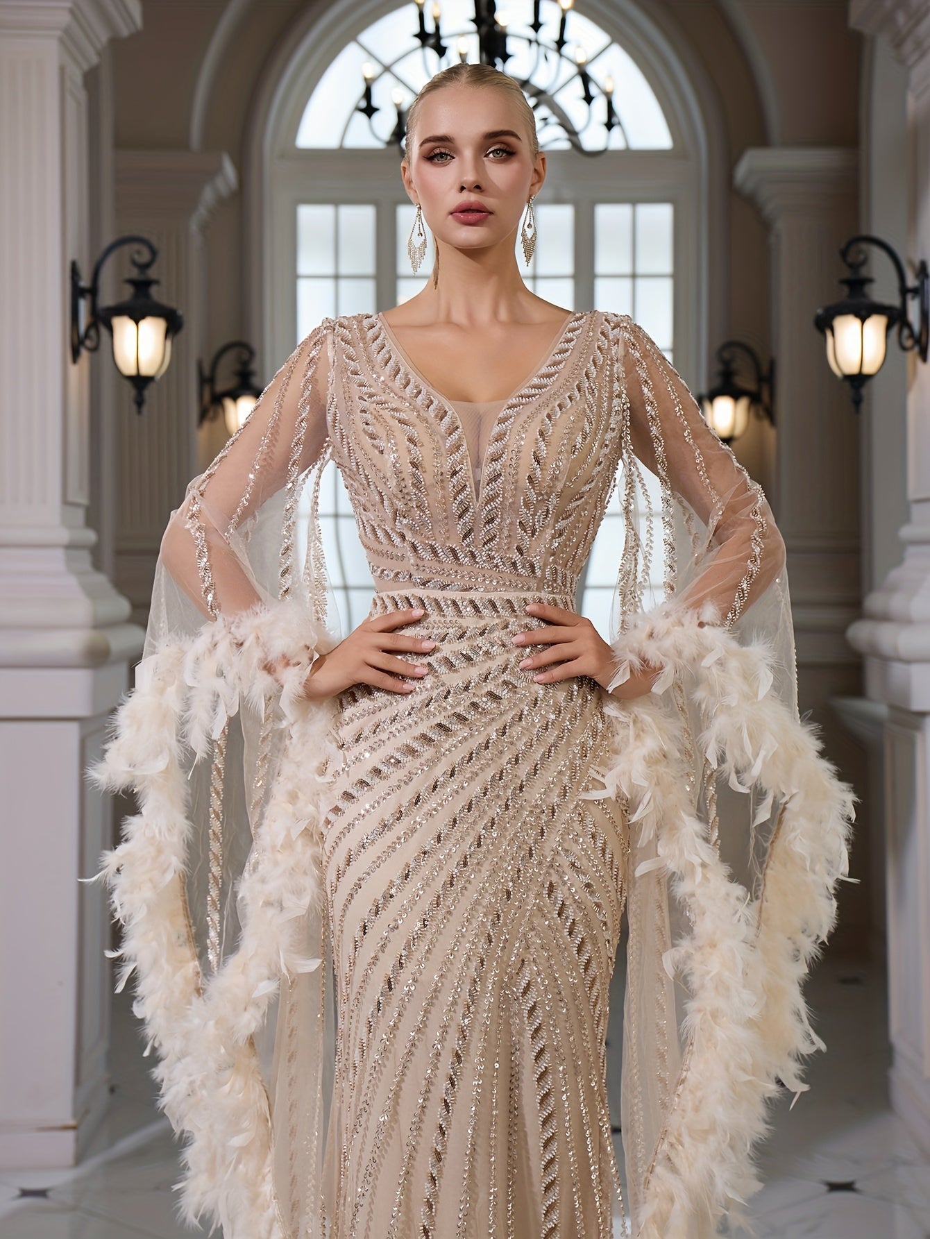 Sequined Lace V-neck Flared Long Sleeve Elegant Sexy Bodycon Mermaid Evening Gown