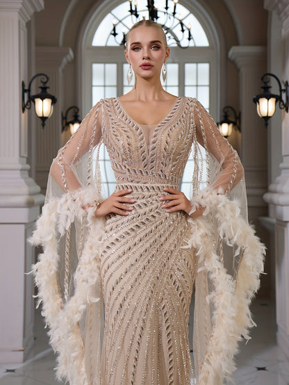 Sequined Lace V-neck Flared Long Sleeve Elegant Sexy Bodycon Mermaid Evening Gown