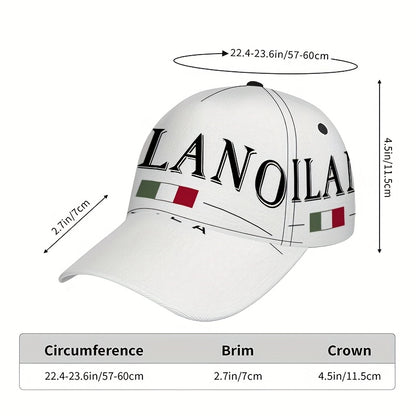 1pc 2D Milano Emblem Print Baseball Cap - Full-Body Vibrant Polyester Hat with Adjustable Snapback, Ideal for Outdoor Sports, Street Style & Running, Black with White Logo, Sports Cap | Stylish Headgear | Durable Headwear